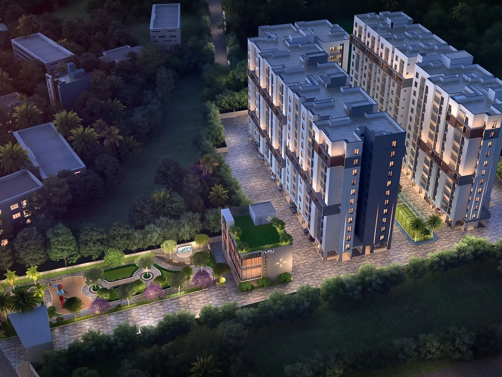 aerial dusk — project images · ruby courtyard